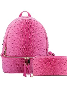Pink Textured Backpack and Wallet Set